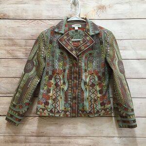 COLDWATER‎ CREEK BOHO AZTEC ALLOVER EMBROIDERED JACKET IN TAN